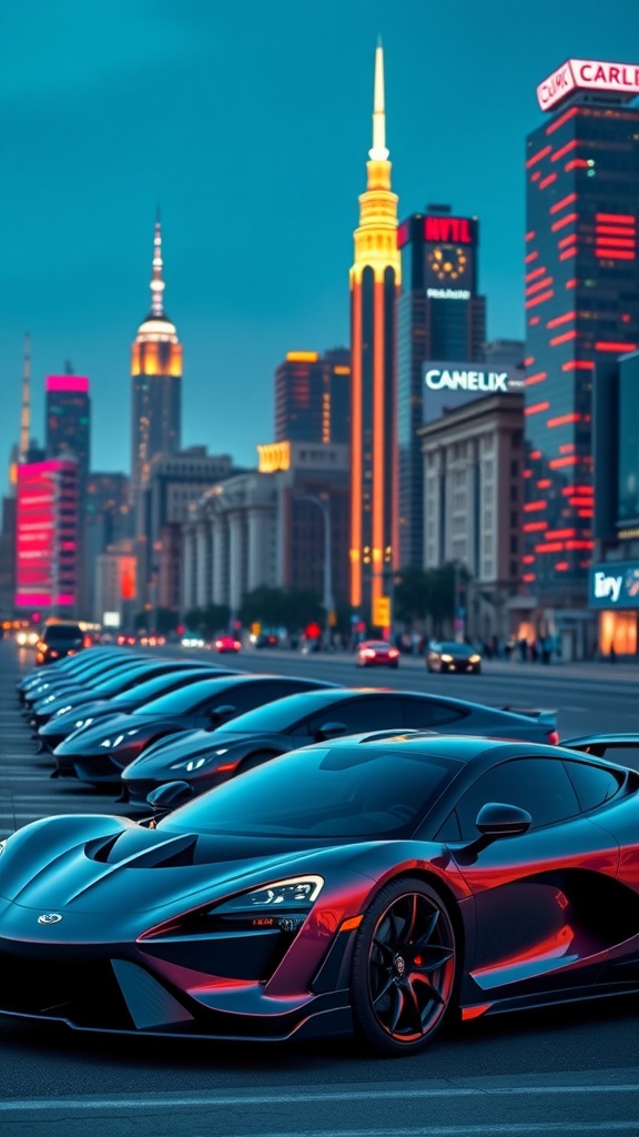 A lineup of luxury supercars in an urban setting at night with city lights in the background.