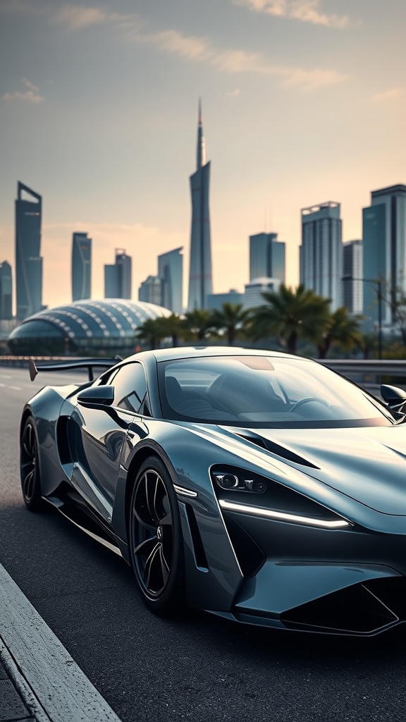 A sleek hybrid sports car parked in an urban environment with skyscrapers in the background.