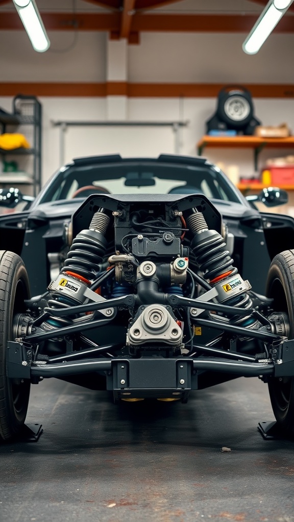 Detailed view of a sports car suspension system with shock absorbers and springs.