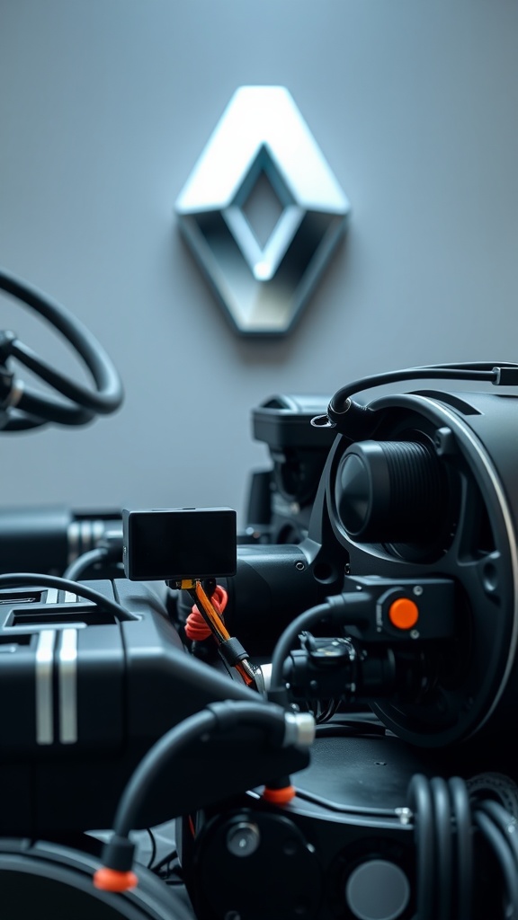 Close-up view of Renault electric vehicle components with Renault logo in the background