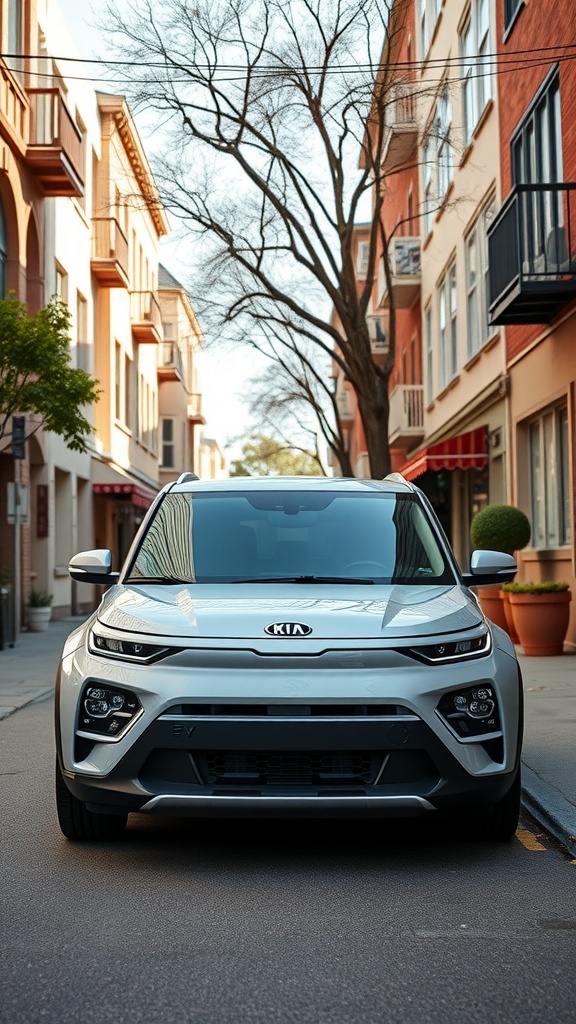 A front view of a Kia Soul EV parked in an urban setting