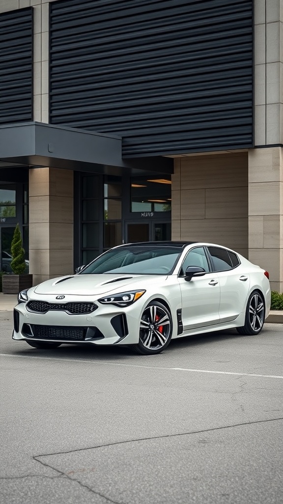 A sleek white Kia Stinger parked outside a modern building.