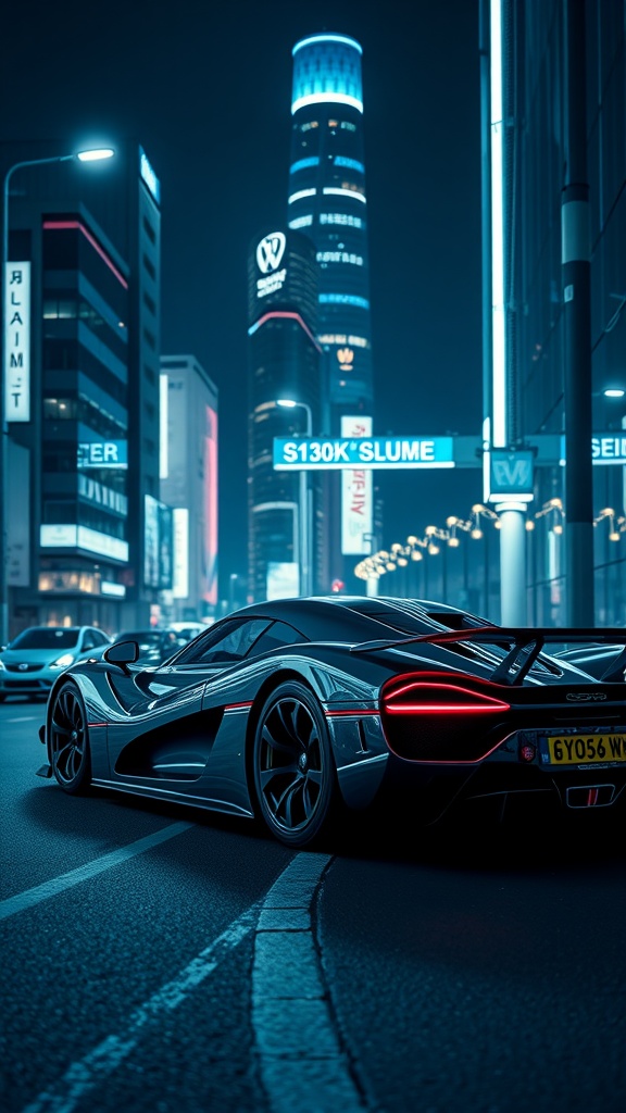 Koenigsegg Jesko Absolut parked in a vibrant city at night, showcasing its sleek design and powerful presence.