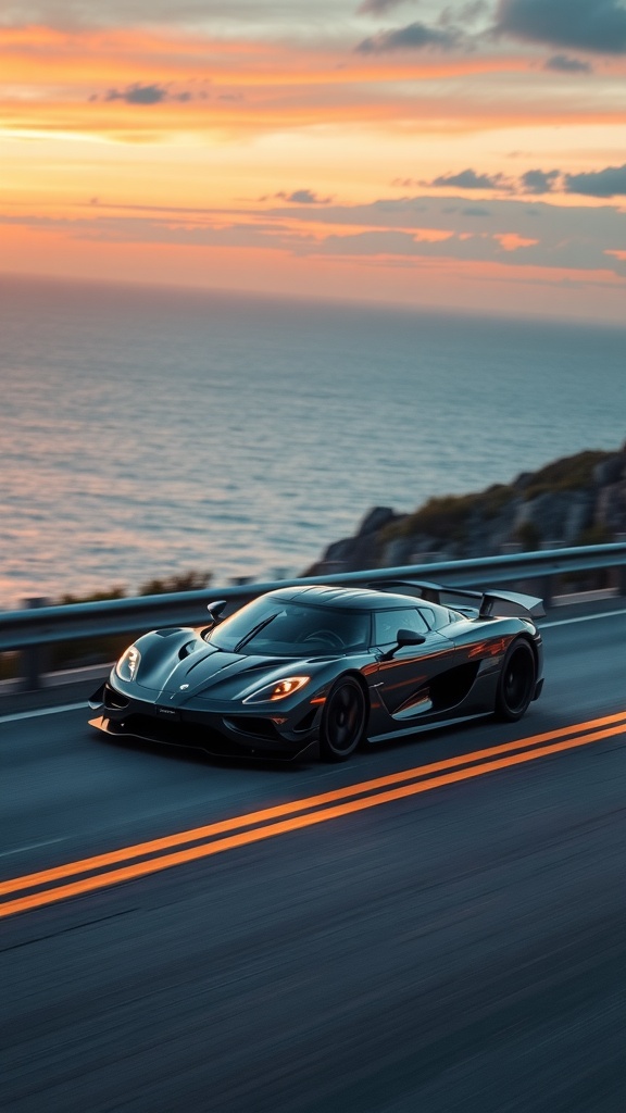 Koenigsegg Jesko Absolut driving along a coastal road at sunset