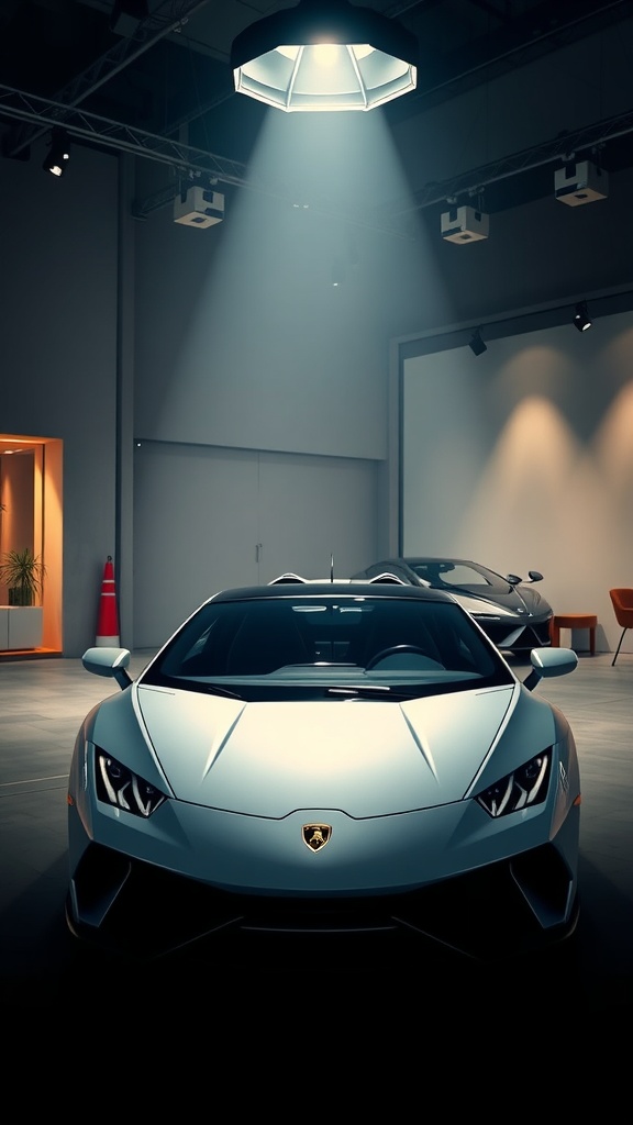 A Lamborghini Sián displayed in a modern showroom with dramatic lighting.
