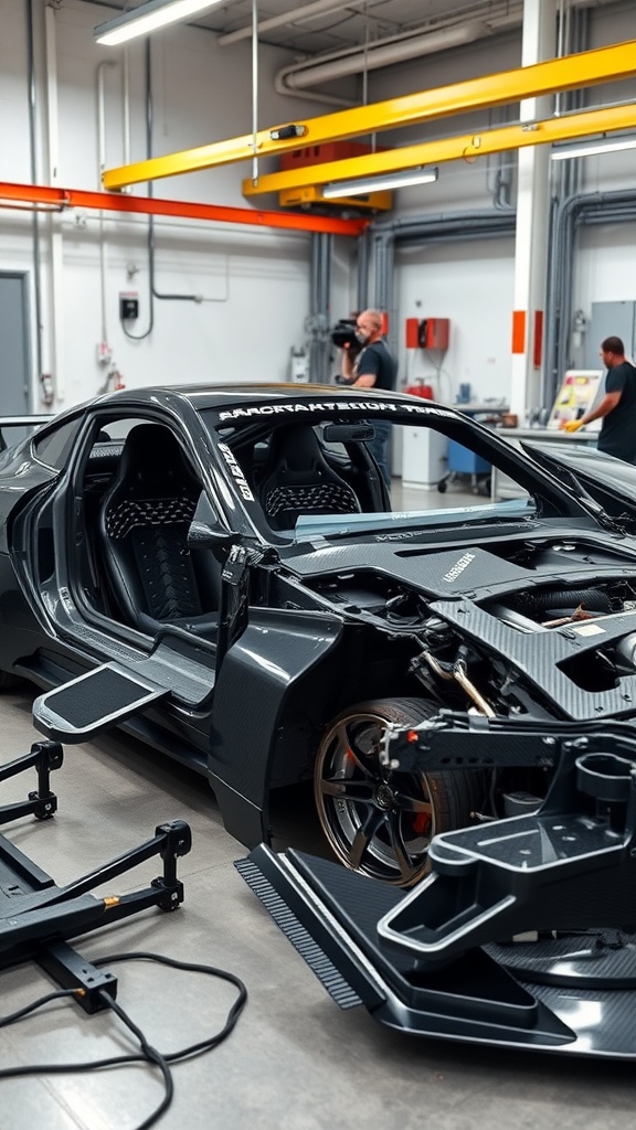 A high-performance sports car under construction, showcasing lightweight materials and precision engineering.
