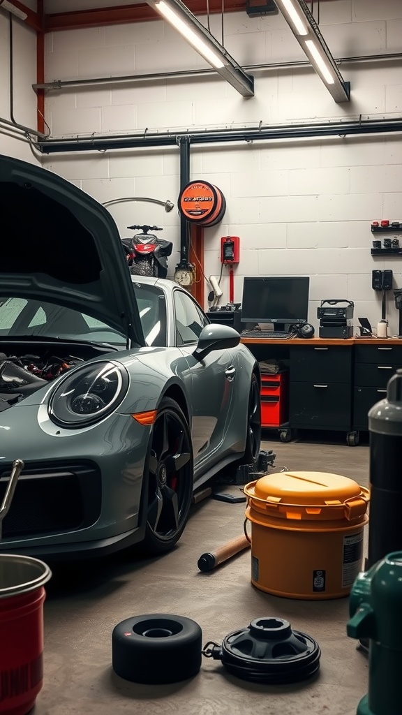A sleek sports car with its hood open in a well-equipped garage filled with tools and equipment.