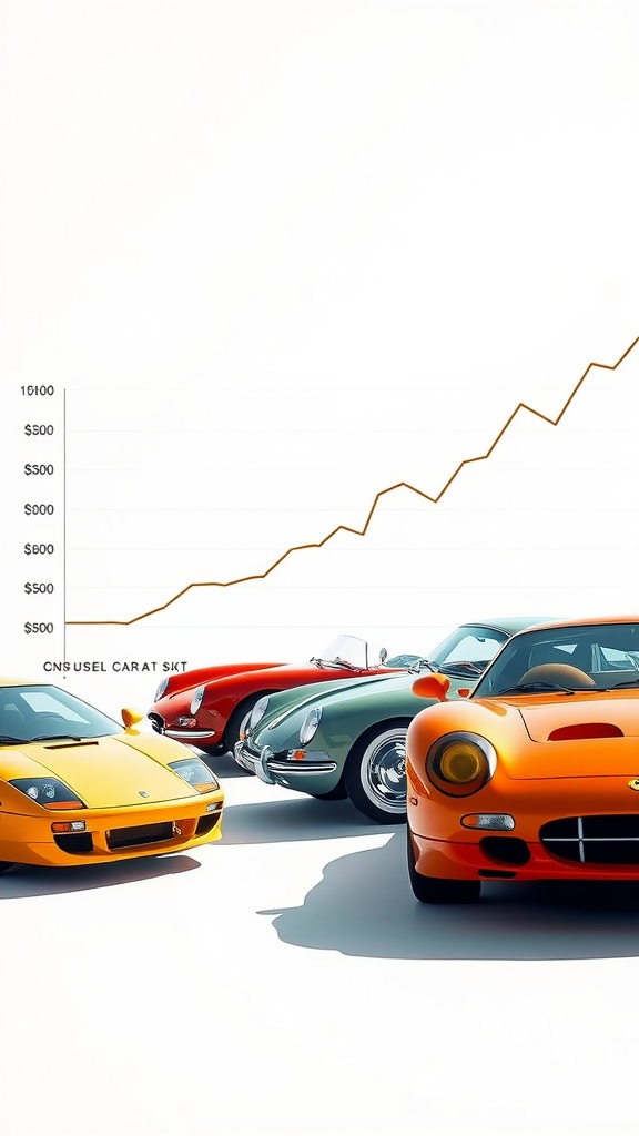 A vibrant collection of classic and modern sports cars with a market trend graph in the background.