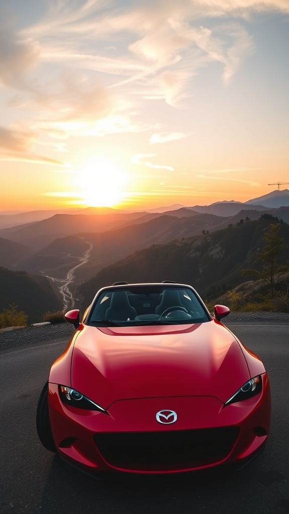 Red Mazda MX-5 Miata parked on a mountain road during sunset