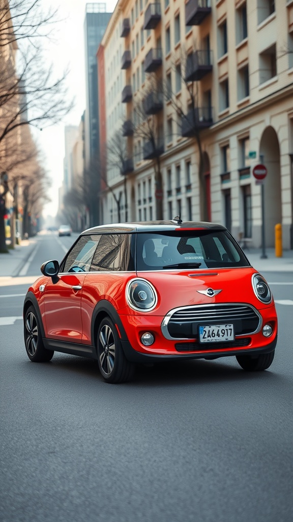 A red Mini Electric car driving down a city street