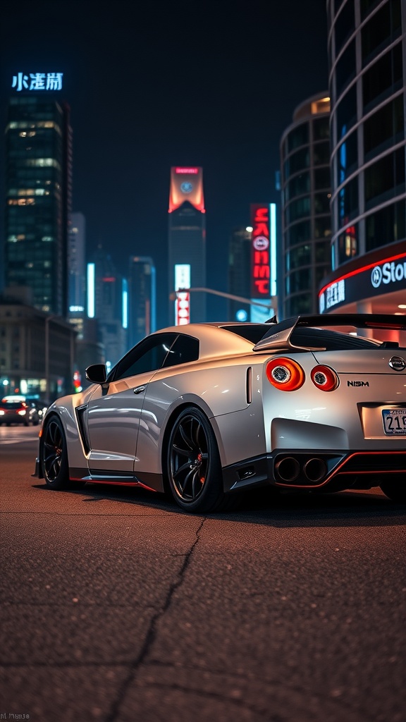 Nissan GT-R Nismo parked in a vibrant cityscape at night