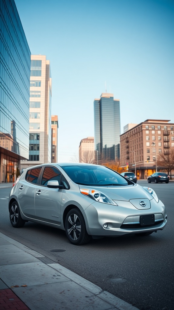 A silver Nissan Leaf parked on a city road with tall buildings in the background.