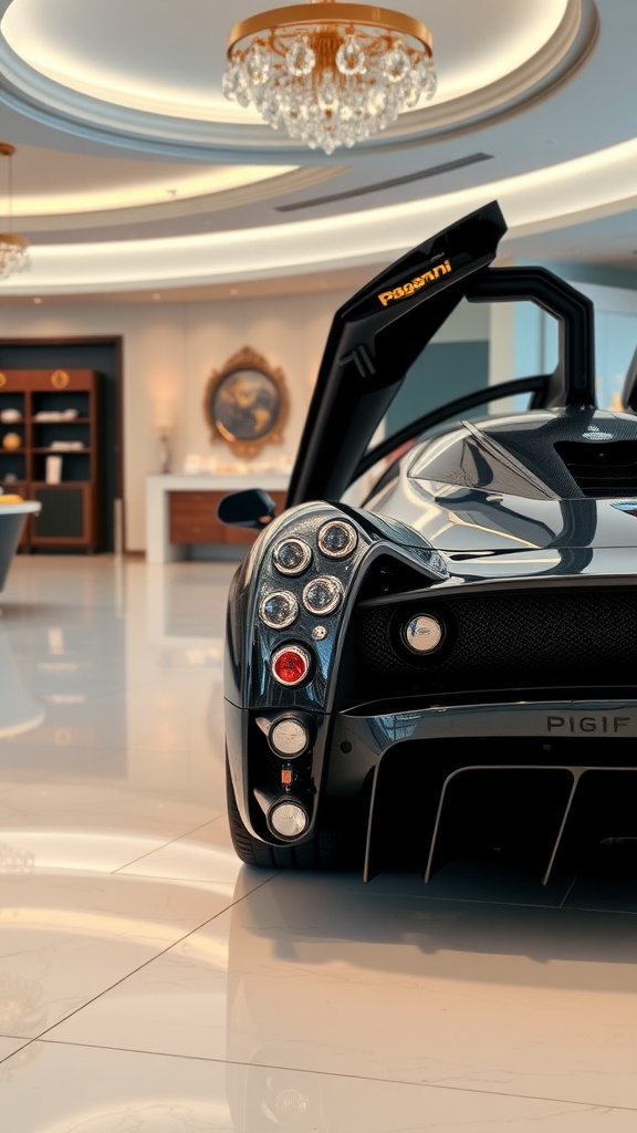 Close-up of the rear design of a Pagani Huayra in a luxurious setting