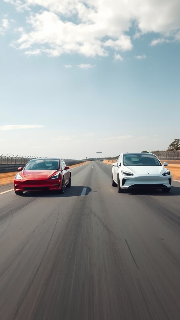 Two Tesla electric vehicles on a racetrack, showcasing performance and design.
