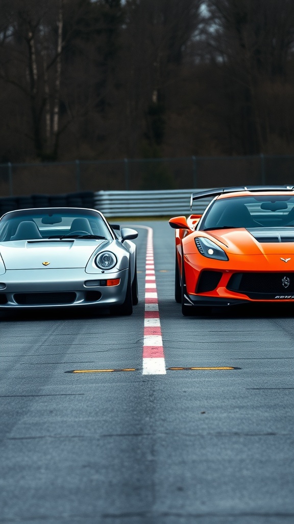 A classic sports car next to a modern sports car on a racetrack.