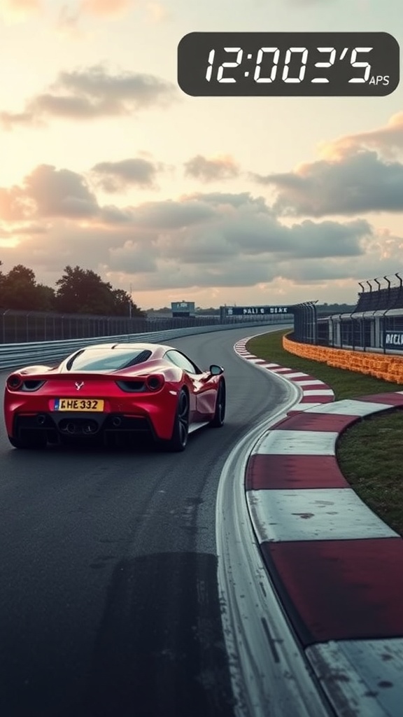 A red sports car navigating a racetrack with a timer showing a lap of 12:00:2.