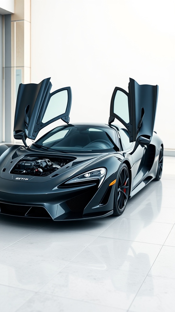A luxury supercar with its doors open, showcasing its sleek design and powerful engine.