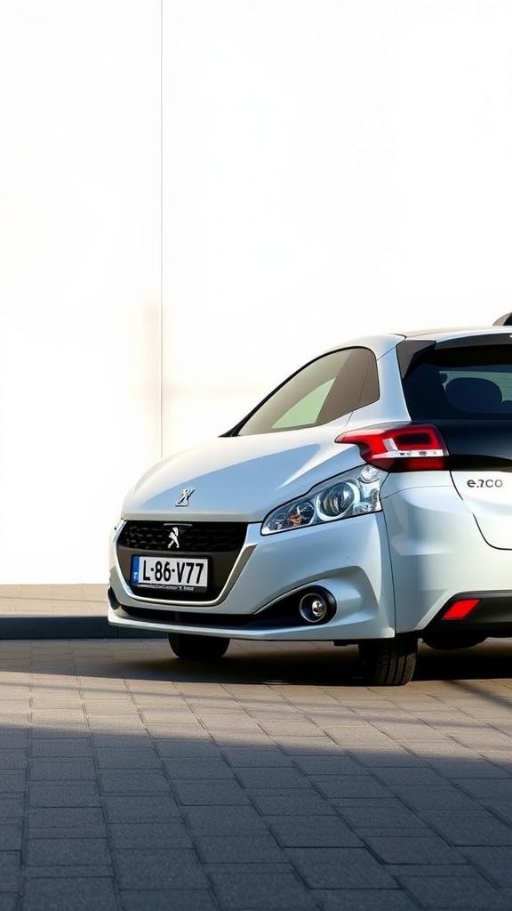 A silver Peugeot e-208 parked in a modern setting, showcasing its sleek design.
