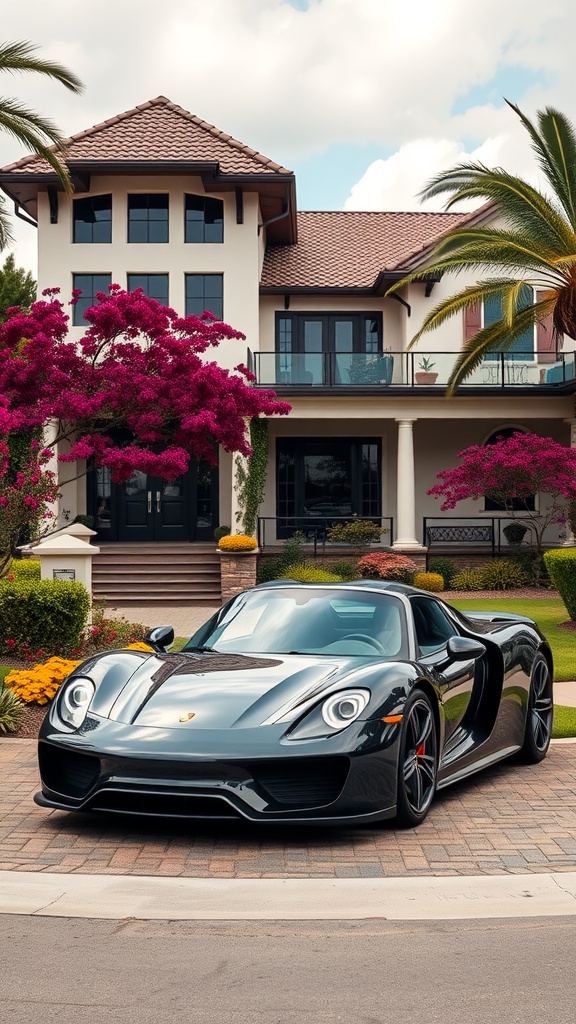 A Porsche 918 Spyder parked in front of a stylish home, surrounded by colorful flowers and greenery.