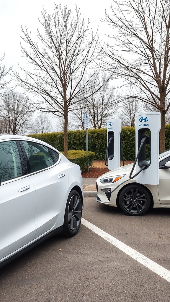 A Tesla and a Hyundai electric vehicle parked next to charging stations