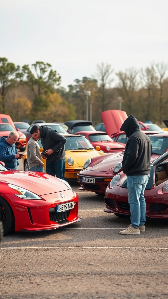 A group of people gathered around a red sports car at a car meet, with several other colorful cars in the background.