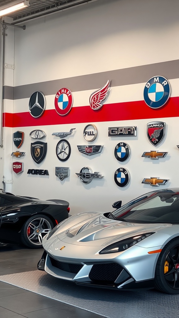 A lineup of car logos on a wall with a silver Ferrari and a black sports car in a showroom.