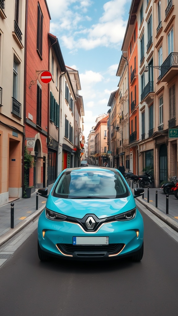 A light blue Renault Zoe parked on a narrow European street lined with colorful buildings.