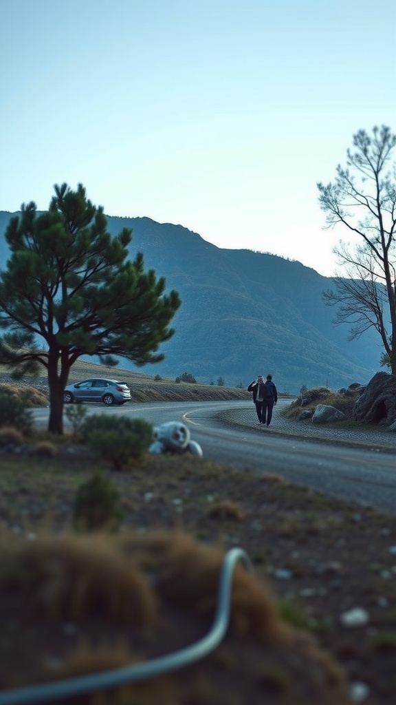A couple walking on a winding road with a Renault vehicle parked nearby, surrounded by mountains and trees.