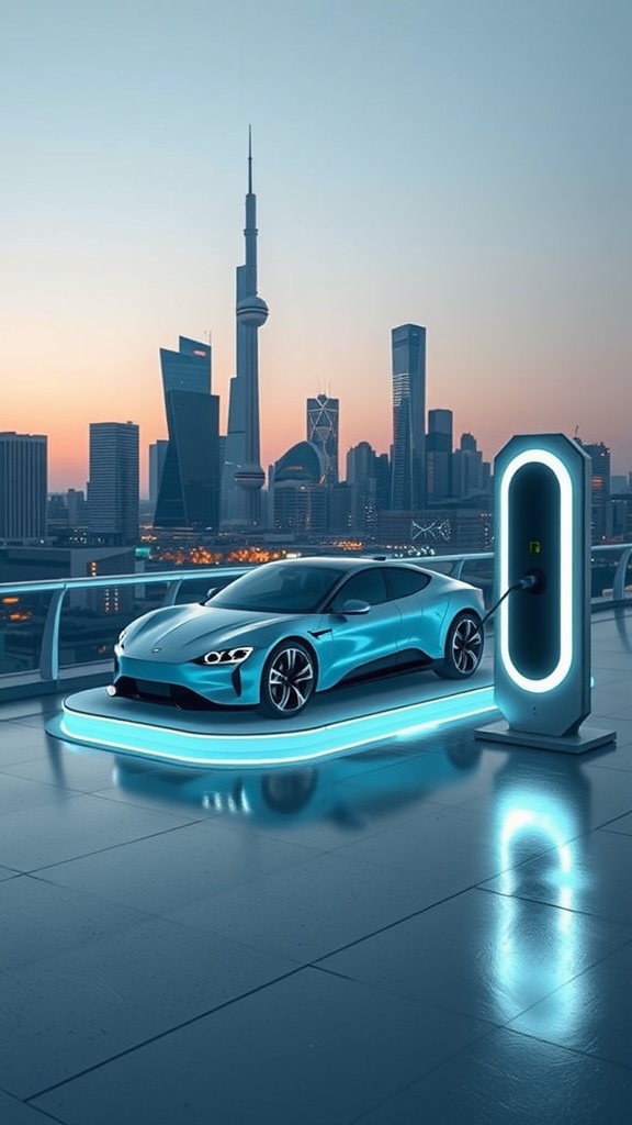 Rimac C_Two electric supercar charging in a city skyline