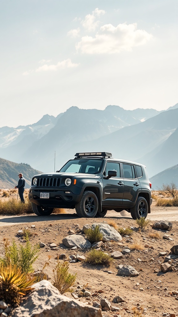 A black 7-seater SUV parked in a rugged landscape with mountains in the background.