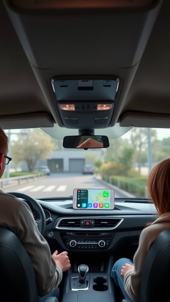 Couple in a car using a smartphone for navigation while driving.