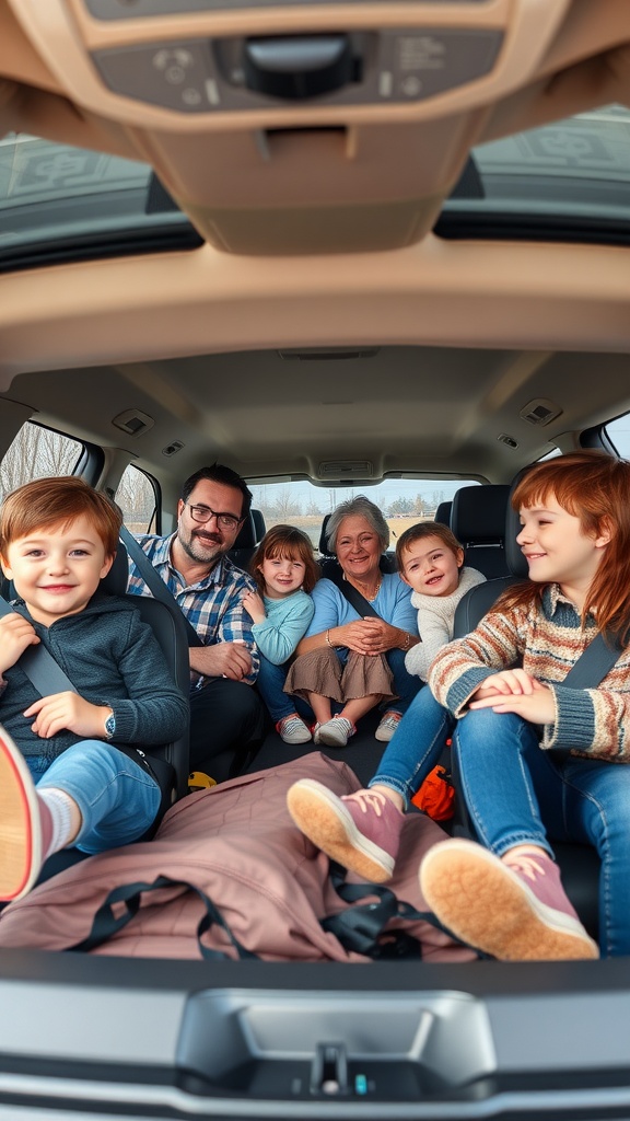A happy family of six inside a spacious SUV, showcasing the comfortable seating and family bonding.