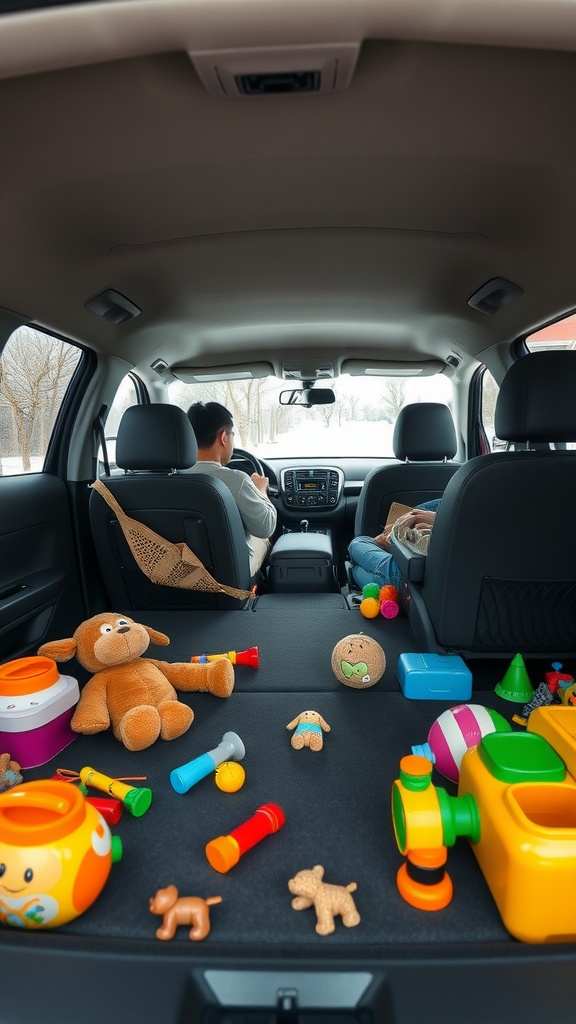 Interior view of a spacious family car with toys on the floor, showing ample room for kids and gear.