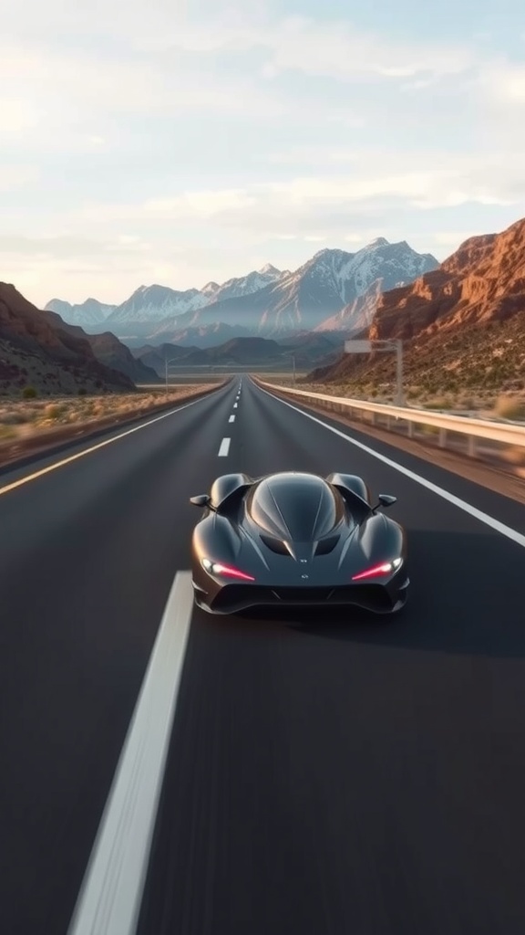 SSC Tuatara driving on a road with mountains in the background