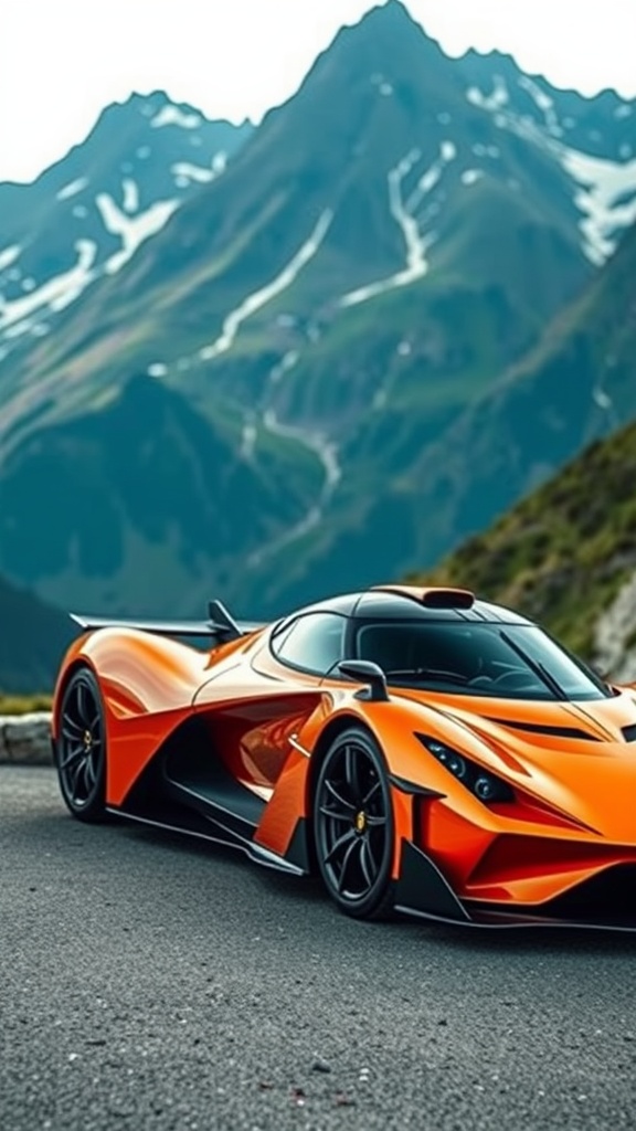 A striking orange SSC Tuatara supercar parked with mountains in the background