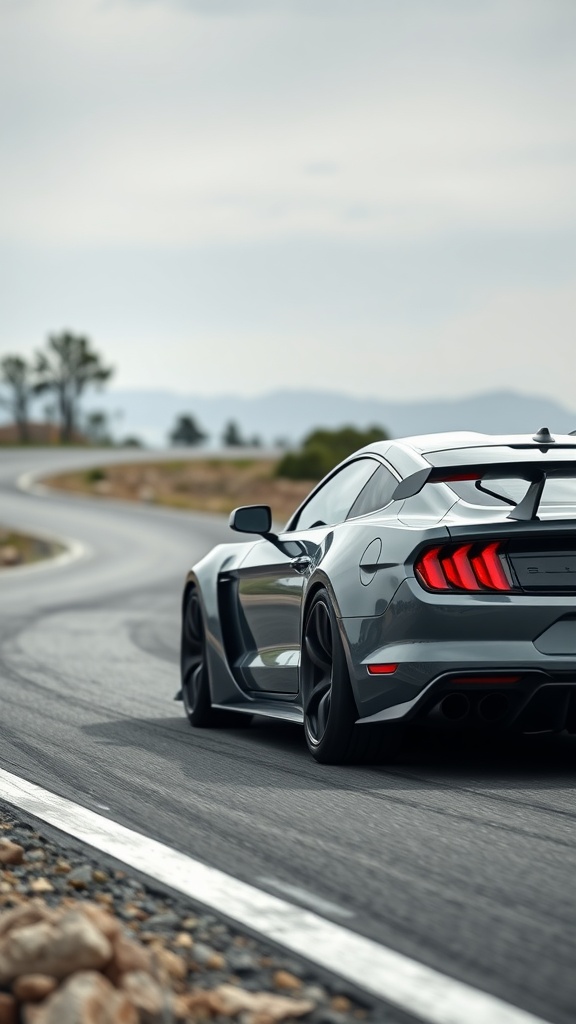 A sleek high-performance sports car making a turn on a winding road, showcasing its aerodynamic design.