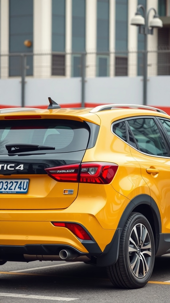 A stylish yellow family car parked in an urban setting, showcasing modern design and aesthetics.