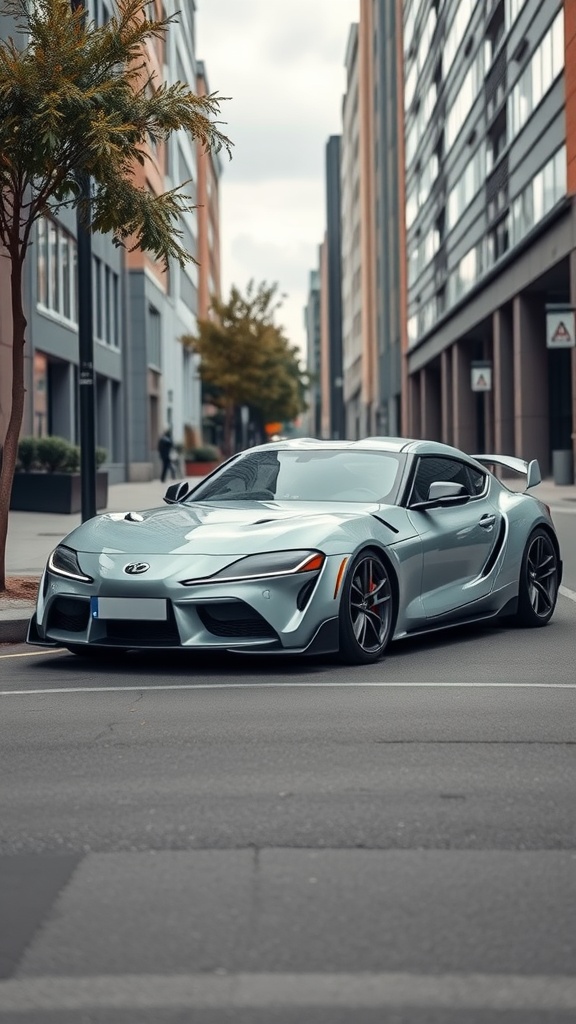A sleek blue sports car parked in an urban area, showcasing its stylish design amidst modern buildings.