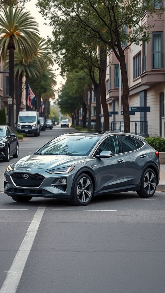 A stylish electric vehicle parked on a tree-lined street.