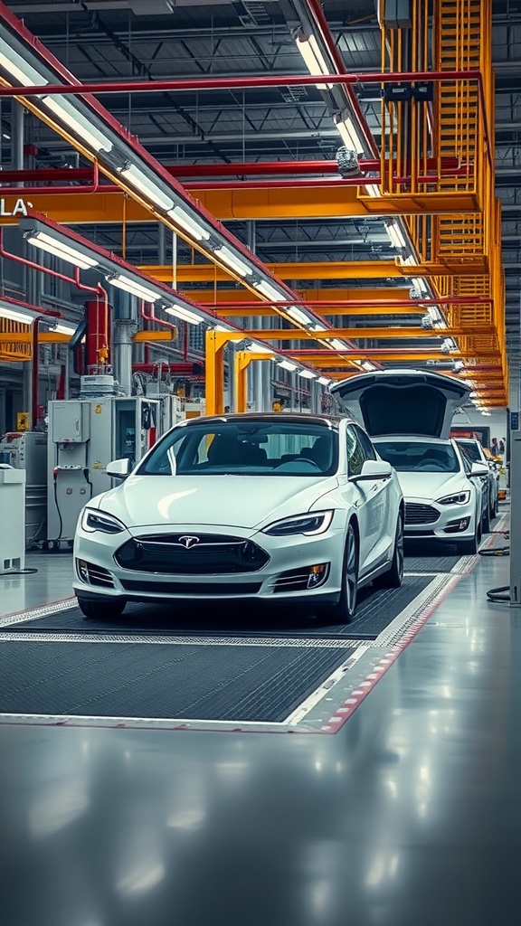 Tesla manufacturing facility showing electric vehicles in production