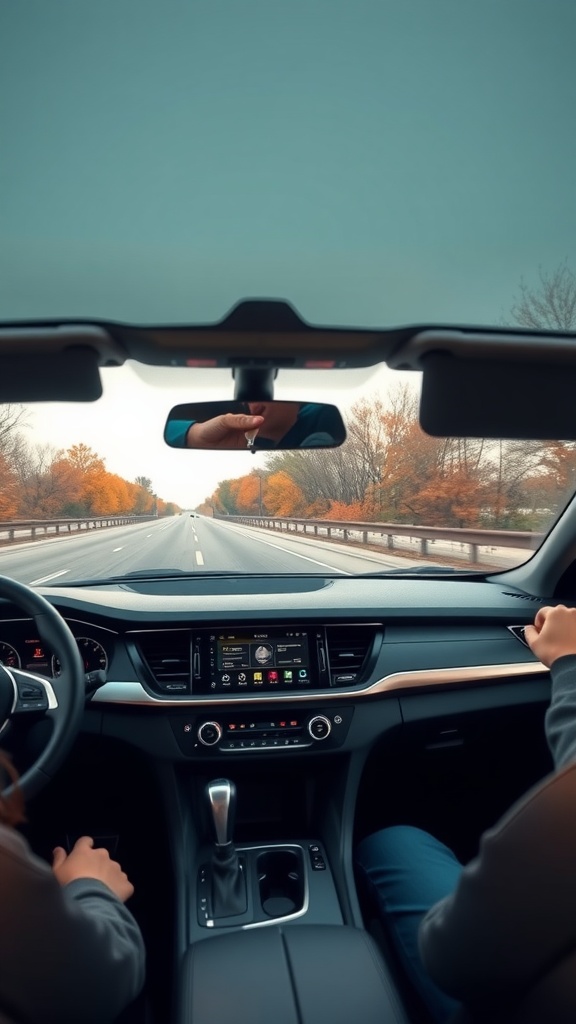 Interior view of a family car with a dashboard displaying infotainment features while driving on a road.