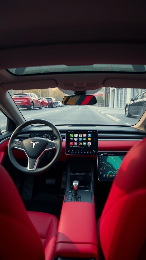 Interior view of a Tesla showcasing its infotainment system and dashboard features