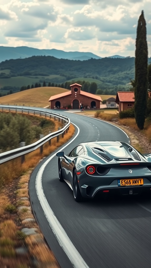 A sleek Italian sports car driving along a winding road in the Italian countryside.