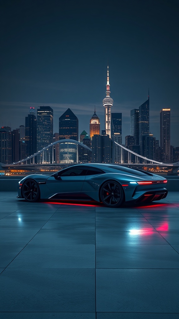 A sleek electric sports car parked against a vibrant city skyline at night.