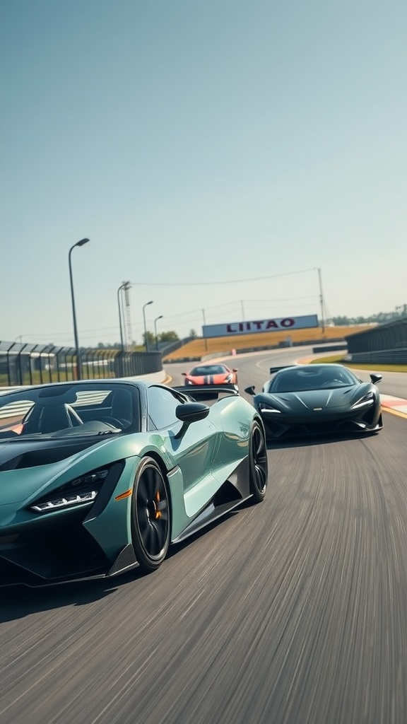 Three luxury supercars racing on a track