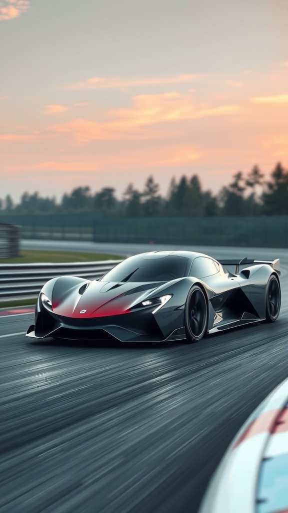 A sleek black electric supercar racing on a track at sunset.