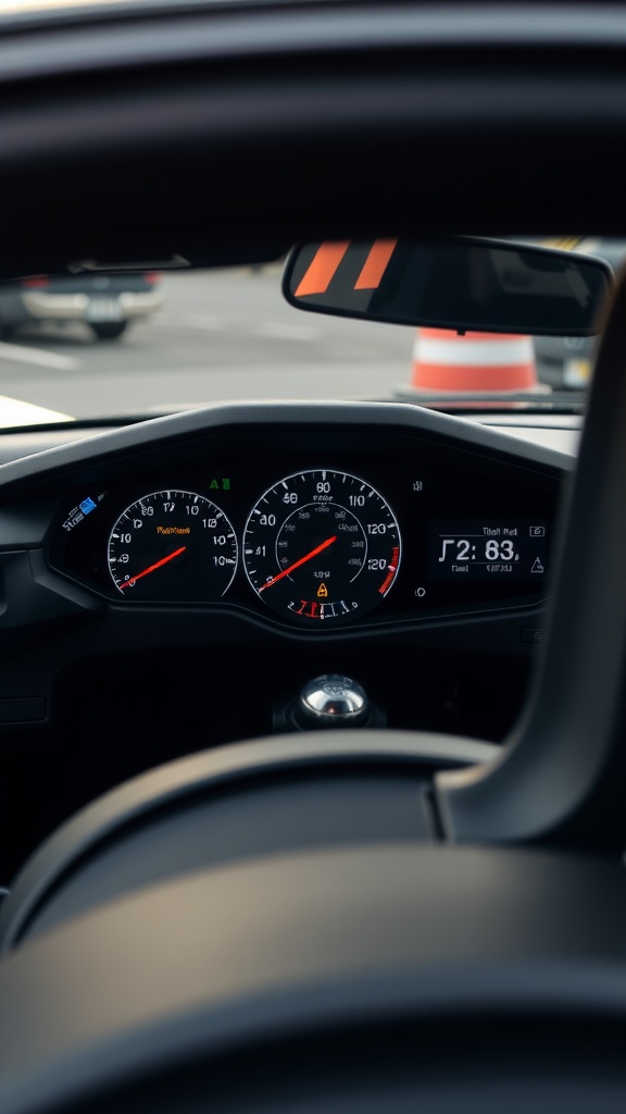 Interior view of a sports car dashboard with clear gauges and indicators.
