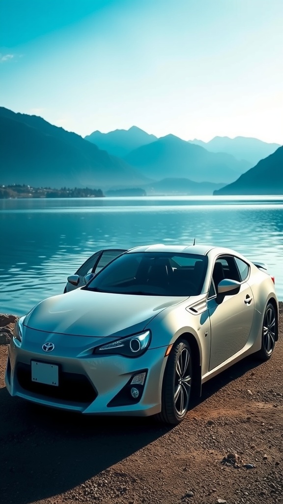 Toyota 86 parked by a lake with mountains in the background