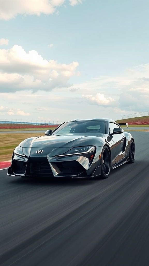 Toyota GR Supra on a racetrack, showcasing its sleek design and performance capabilities.