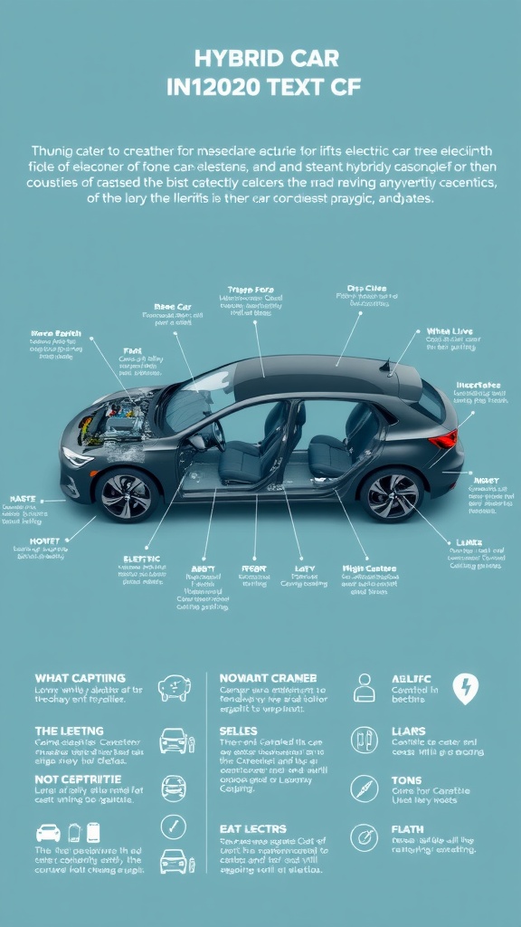 Diagram of a hybrid car showcasing its components and features.